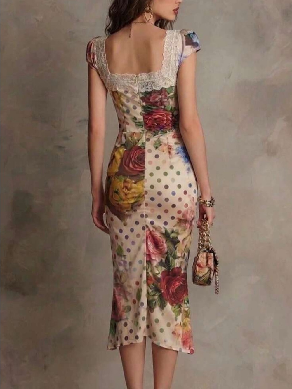 Lace Floral & Polka Dot Midi Dress in Cream - Picture 3 of 3
